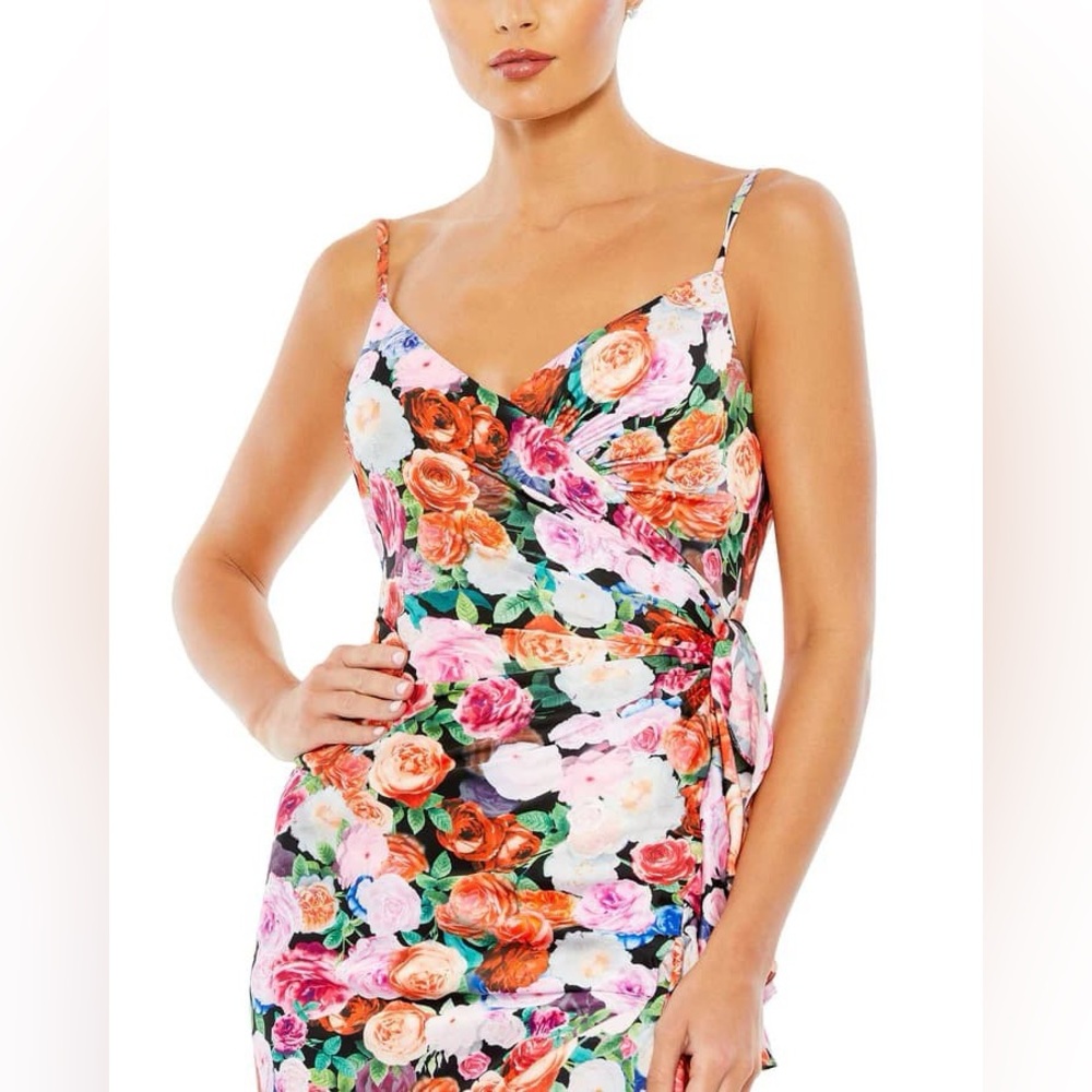 Mac Duggal Multi Floral Ruffle Tired Gown Rosette Print Asymmetrical Gown #68075